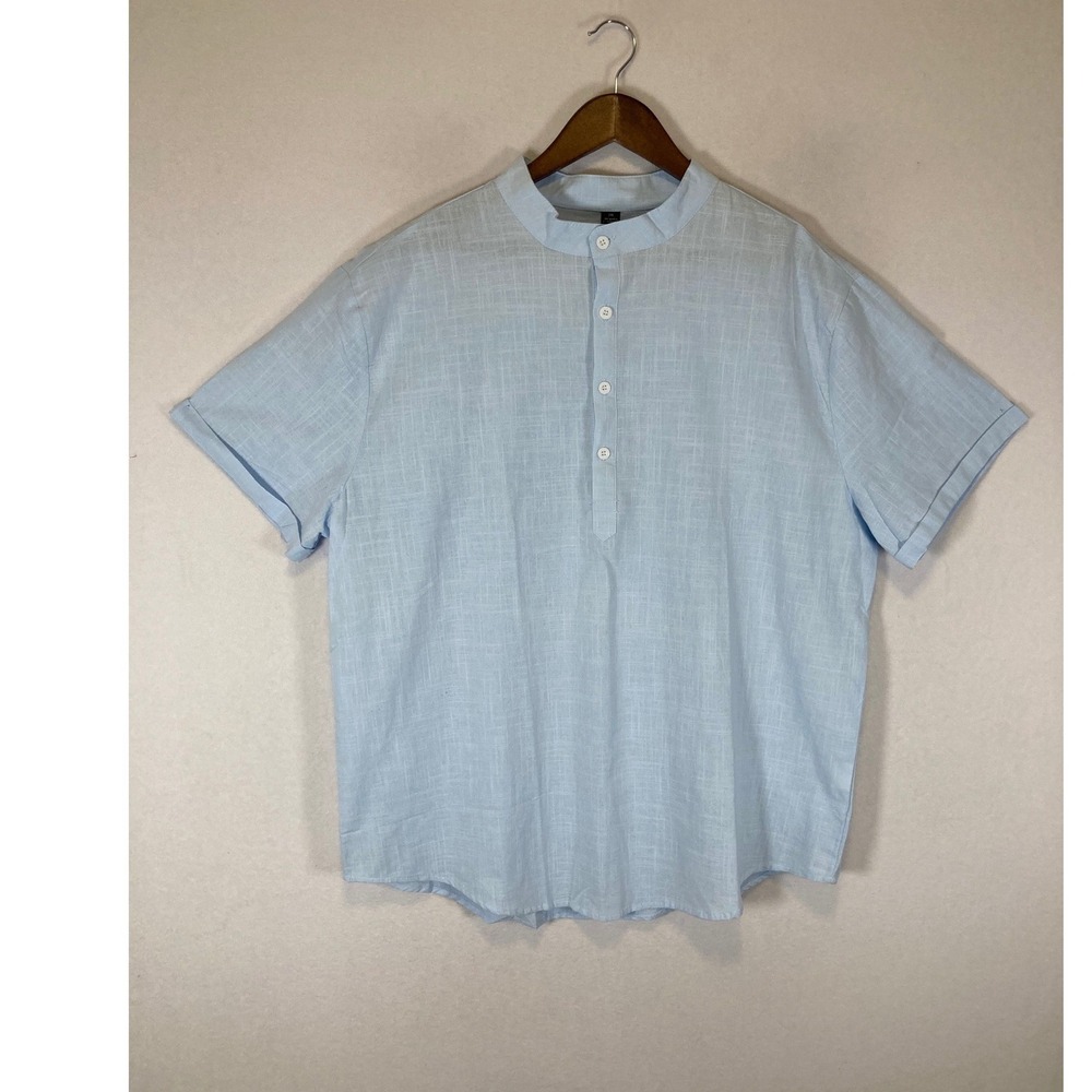 Coastal Ouku Womens 2XL Light Blue Cotton Linen Mandarin Collar Henley Shirt